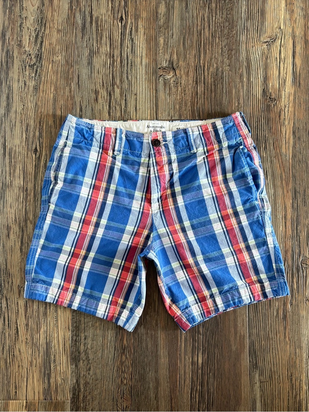 Abercrombie & Fitch Plaid Button-Fly Shorts Mens 31 Blue Red White Green